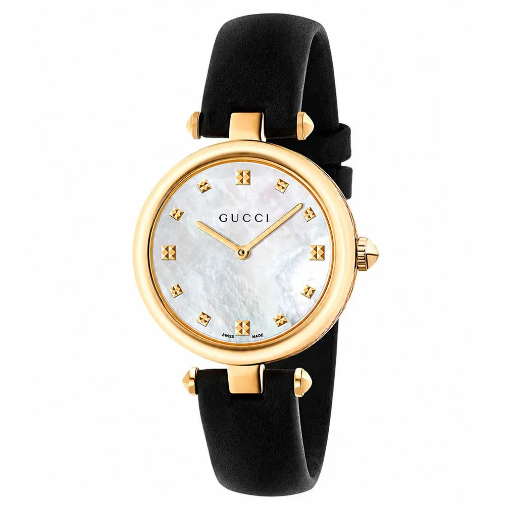 Black leather dress watch with gold accents and white dial, showcasing a sophisticated design and Swiss quartz mechanism.