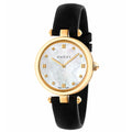 Black leather dress watch with gold accents and white dial, showcasing a sophisticated design and Swiss quartz mechanism.