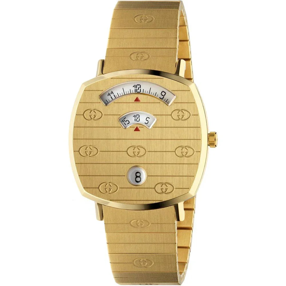 Gold stainless steel dress watch with quartz mechanism and analog display featuring a golden case and bracelet.