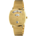 Gold stainless steel dress watch with quartz mechanism and analog display featuring a golden case and bracelet.