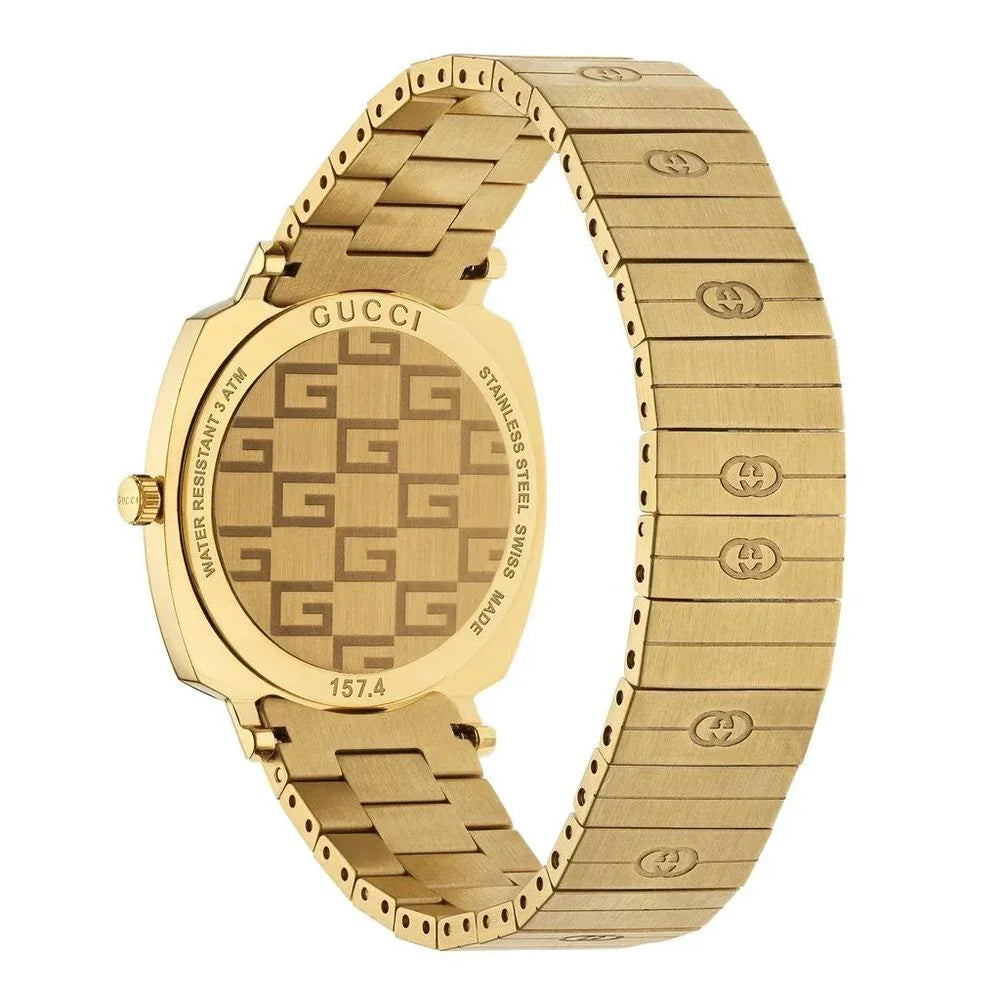 Gold stainless steel dress watch featuring a quartz mechanism and elegant design.