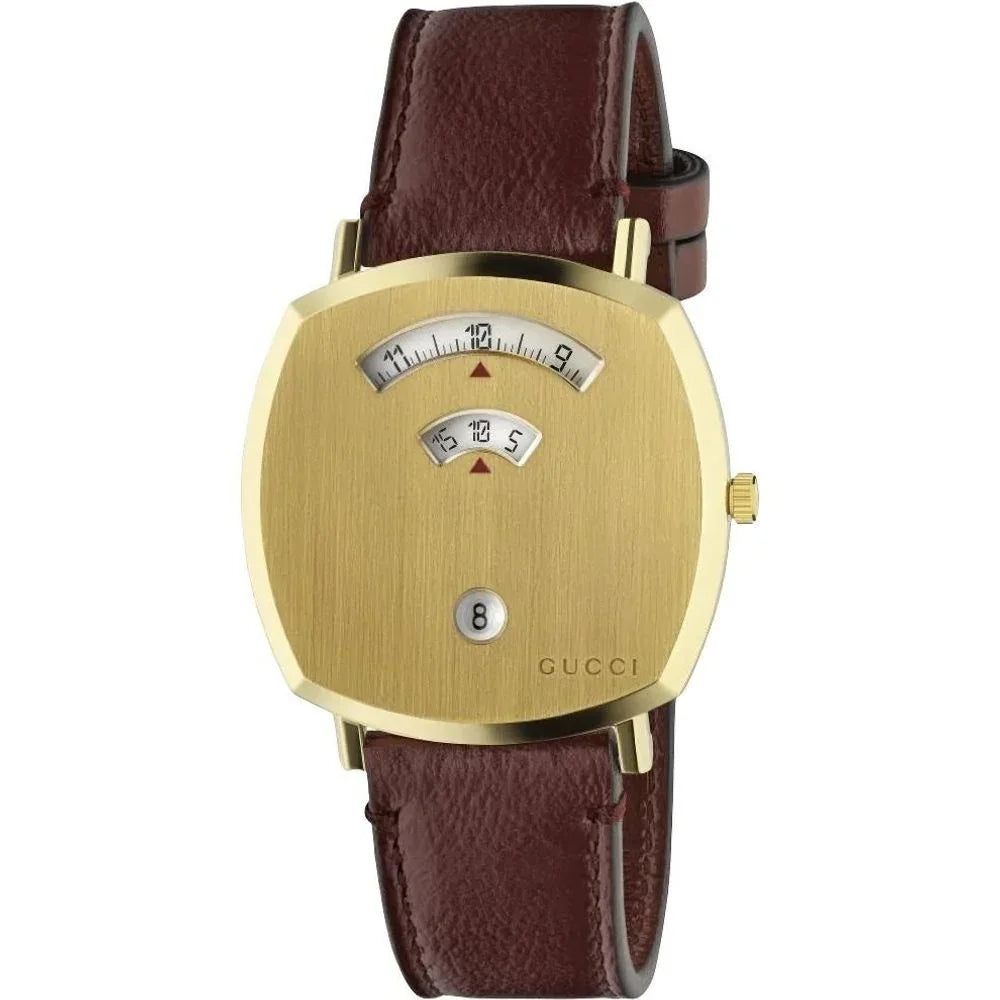 Multicolor leather dress watch with quartz mechanism and golden stainless steel case, red leather bracelet.