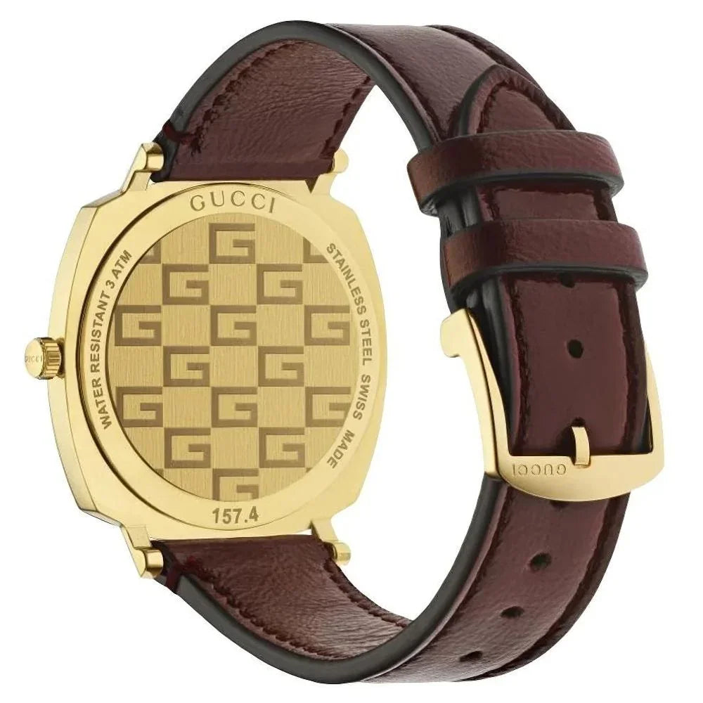 Multicolor leather dress watch featuring a golden case and red leather strap, back view with Gucci branding.