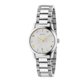 Gray stainless steel dress watch by Gucci with analog display and quartz movement.