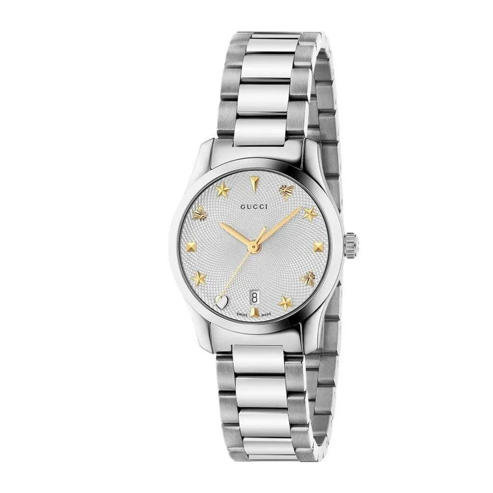 Gray stainless steel dress watch by Gucci with analog display and quartz movement.