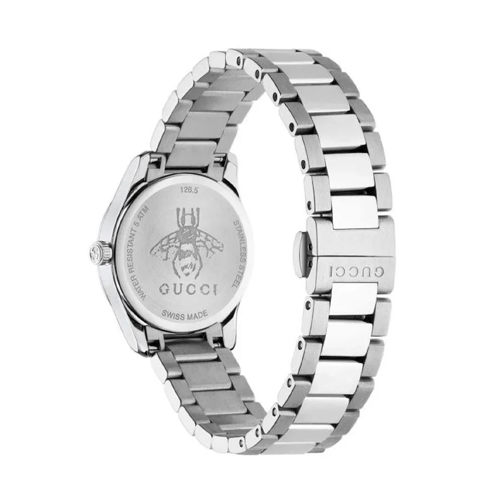 Gray stainless steel dress watch with quartz mechanism and sapphire glass, showing the back and bracelet design.