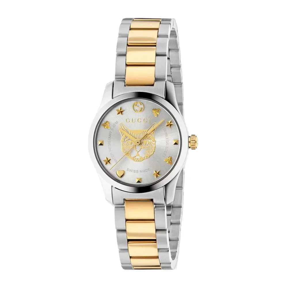 Gold stainless steel dress watch featuring a grey dial and a Swiss-made quartz movement.