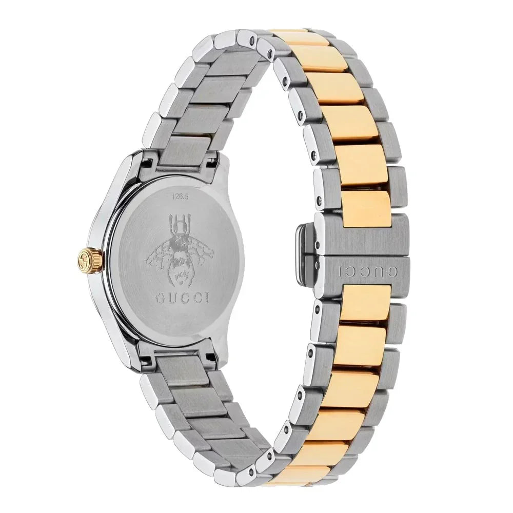 Gold stainless steel dress watch showcasing a sleek design with a grey stainless steel case and golden bracelet.