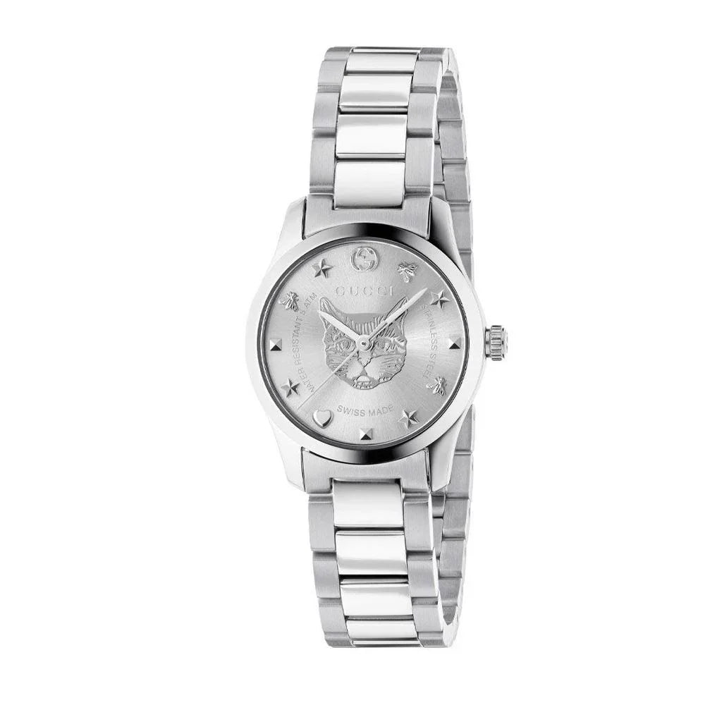 Gray stainless steel dress watch with analog display and quartz mechanism by Gucci.