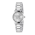 Gray stainless steel dress watch with analog display and quartz mechanism by Gucci.