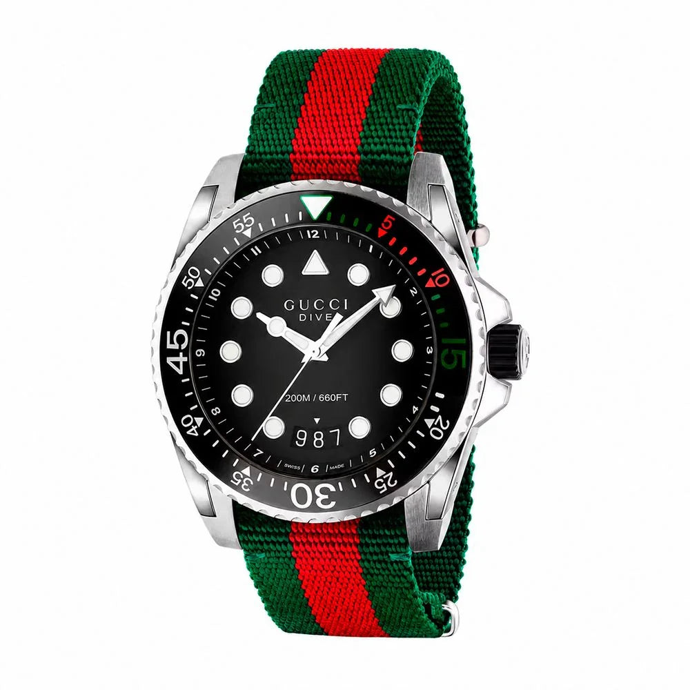 Multicolor nylon sport watch with stainless steel case and diver functions, featuring black dial and colored strap.
