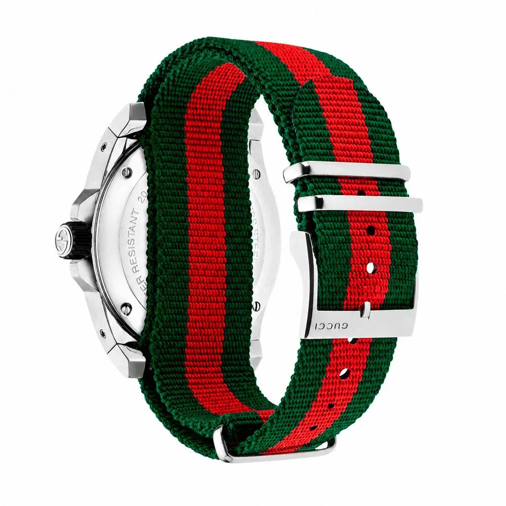 Multicolor nylon sport watch featuring a multicolored nylon strap with red and green stripes.