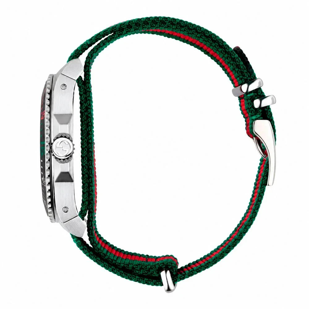 Multicolor nylon sport watch with a stainless steel case and multicolored nylon bracelet, featuring an analog display.