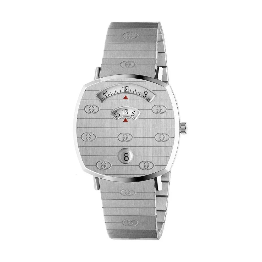 Gray stainless steel dress watch with analog display and sapphire glass.