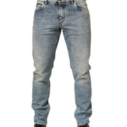 Blue Washed Mid Waist Straight Men Denim Jeans