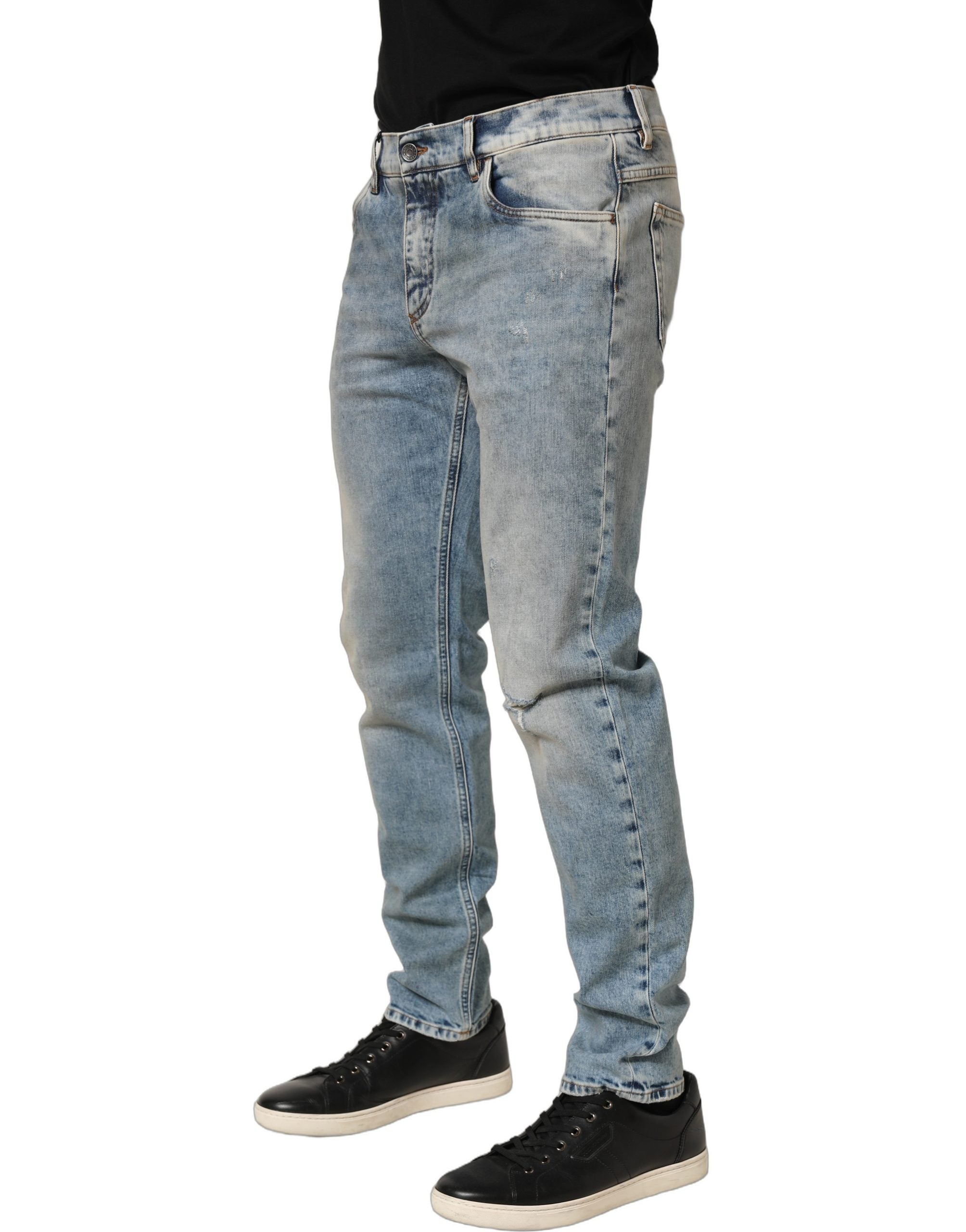 Blue Washed Mid Waist Straight Men Denim Jeans