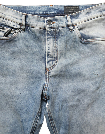 Blue Washed Mid Waist Straight Men Denim Jeans