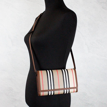 Burberry Hannah Icon Stripe Archive Tan E-Canvas Leather Wallet Crossbody Bag