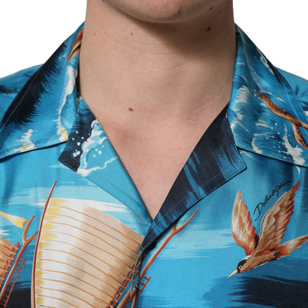 Blue Silk Twill Hawaiian GraphicPrint Shirt