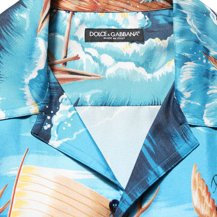 Blue Silk Twill Hawaiian GraphicPrint Shirt