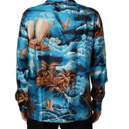 Blue Silk Twill Hawaiian GraphicPrint Shirt