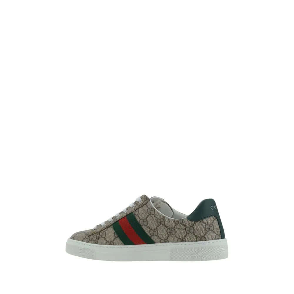 Side view of multicolor low top sneakers featuring Gucci's signature design and contrasting platform sole.