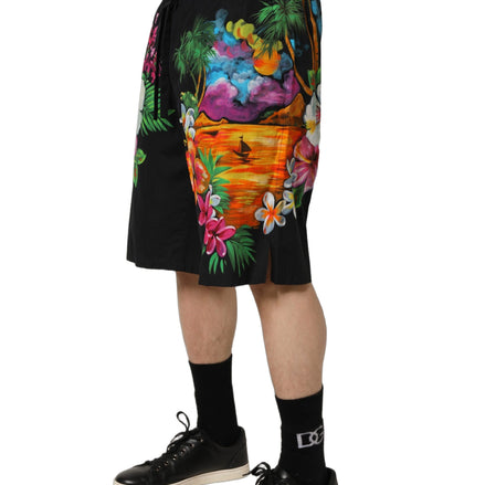 Black Cotton Tropical Floral Bermuda Shorts