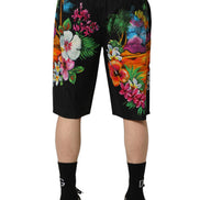 Black Cotton Tropical Floral Bermuda Shorts
