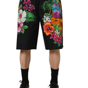 Black Cotton Tropical Floral Bermuda Shorts