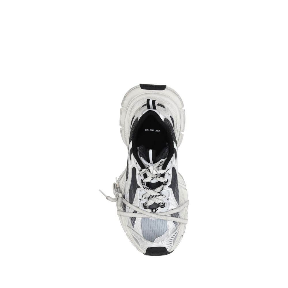 Top view of multicolor athletic sneakers featuring distinct design and multiple laces.