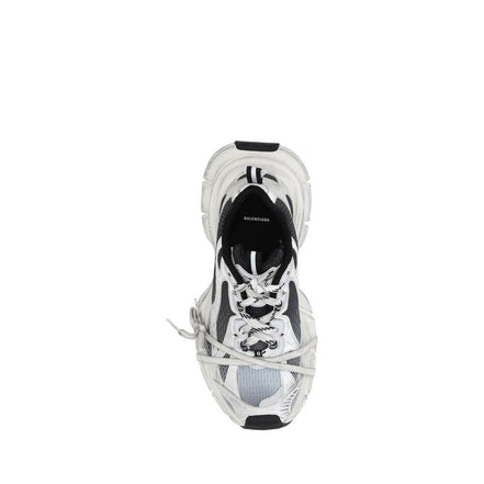 Top view of multicolor athletic sneakers featuring distinct design and multiple laces.