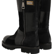 Black Patchwork Leather Mid Calf Boots Shoes