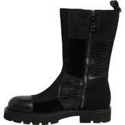 Black Patchwork Leather Mid Calf Boots Shoes