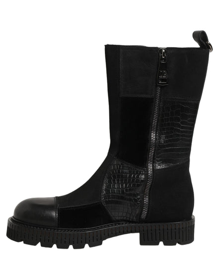 Black Patchwork Leather Mid Calf Boots Shoes