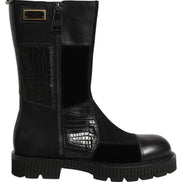 Black Patchwork Leather Mid Calf Boots Shoes