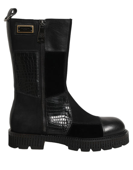 Black Patchwork Leather Mid Calf Boots Shoes