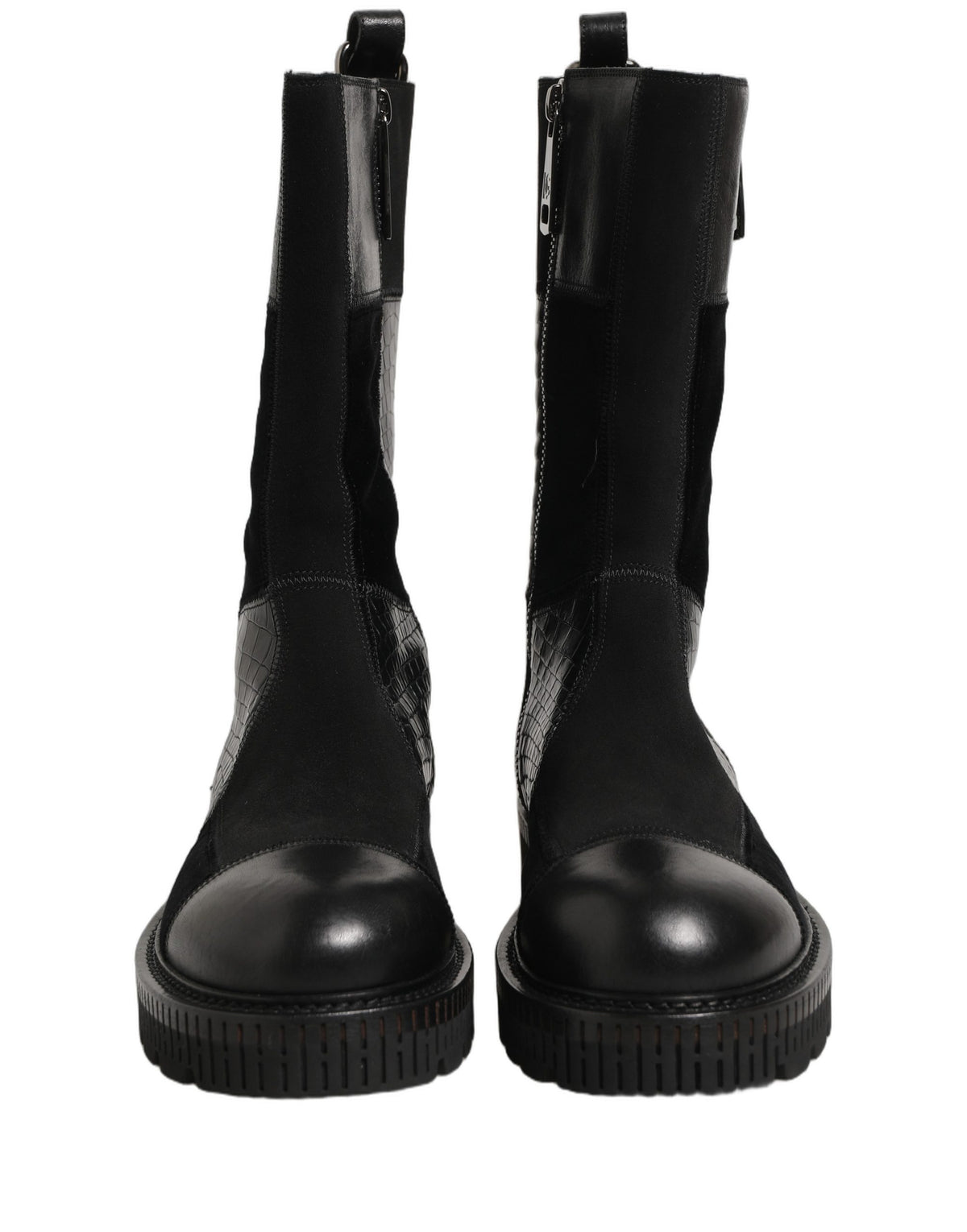 Black Patchwork Leather Mid Calf Boots Shoes