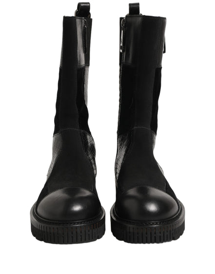 Black Patchwork Leather Mid Calf Boots Shoes
