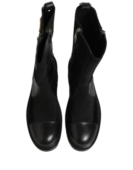 Black Patchwork Leather Mid Calf Boots Shoes