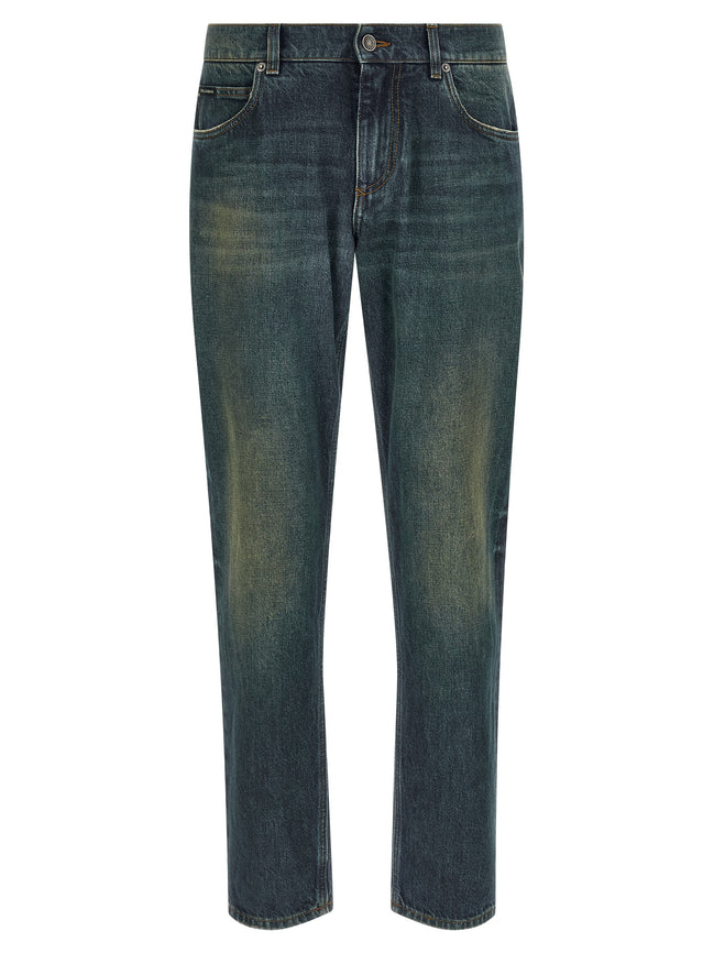 Blue Cotton Straight-Leg Jeans