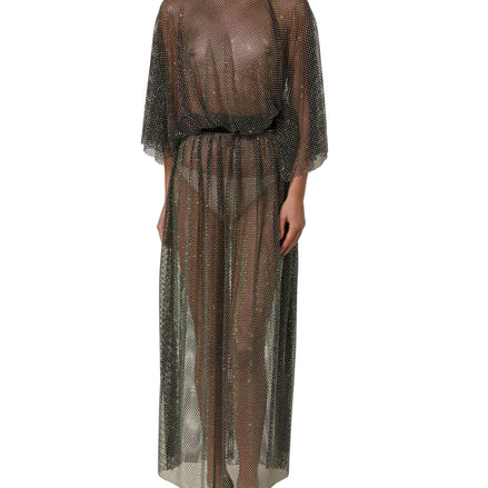 Black Rhinestone Mesh Turtleneck Maxi Dress