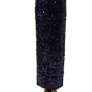 Blue Sequin High Waist PencilCut Midi Skirt