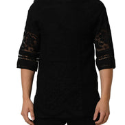 Black Cotton Floral Lace Crew Neck T-shirt