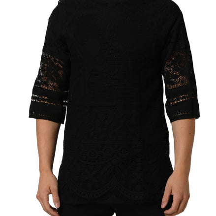 Black Cotton Floral Lace Crew Neck T-shirt