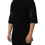 Black Cotton Floral Lace Crew Neck T-shirt