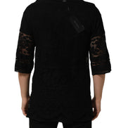 Black Cotton Floral Lace Crew Neck T-shirt