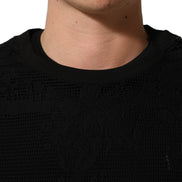 Black Cotton Floral Lace Crew Neck T-shirt