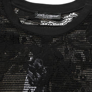 Black Cotton Floral Lace Crew Neck T-shirt