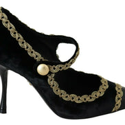 Black Embellished Velvet Mary Jane Pumps Shoes