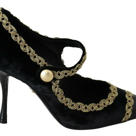 Black Embellished Velvet Mary Jane Pumps Shoes
